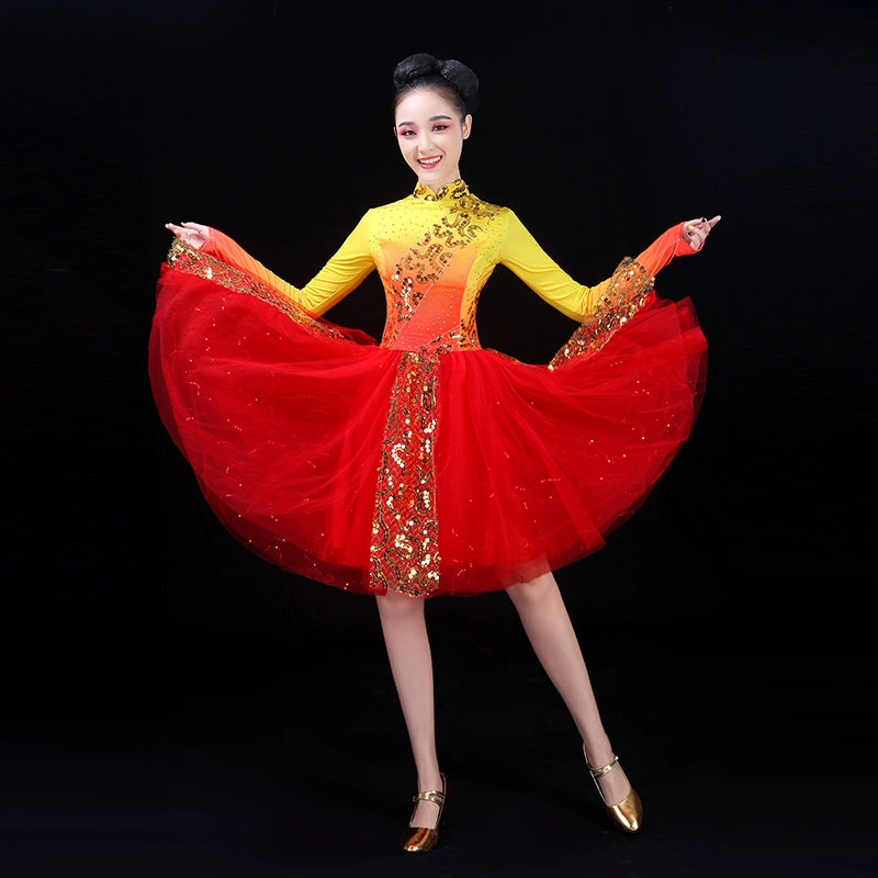 Chinese Folk Dance Costume Modern Short Skirt Suit Square Dance Costume Adult Segment Dress Allegro Chorus Costume Opening Dance Costume - Moderndancedress.com