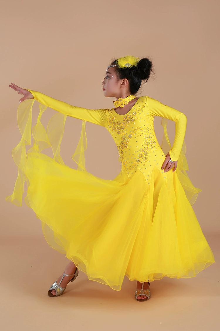 Children's Blue Pink Green Ballroom Dance Dress for Kids Girls Competition Waltz Tango Foxtrot Smooth Dance Long Gown for Kids - Moderndancedress.com