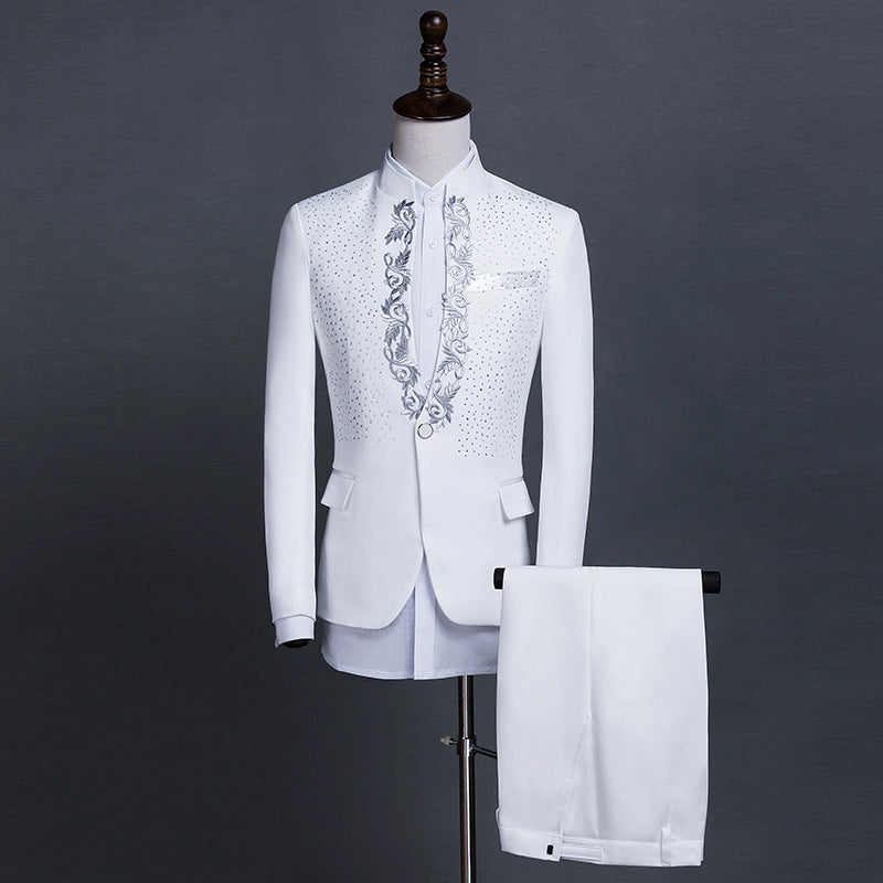 White black paillette suits set costume homme korean stage male slim men formal dress sequins clothes male singer jacket + pant - 