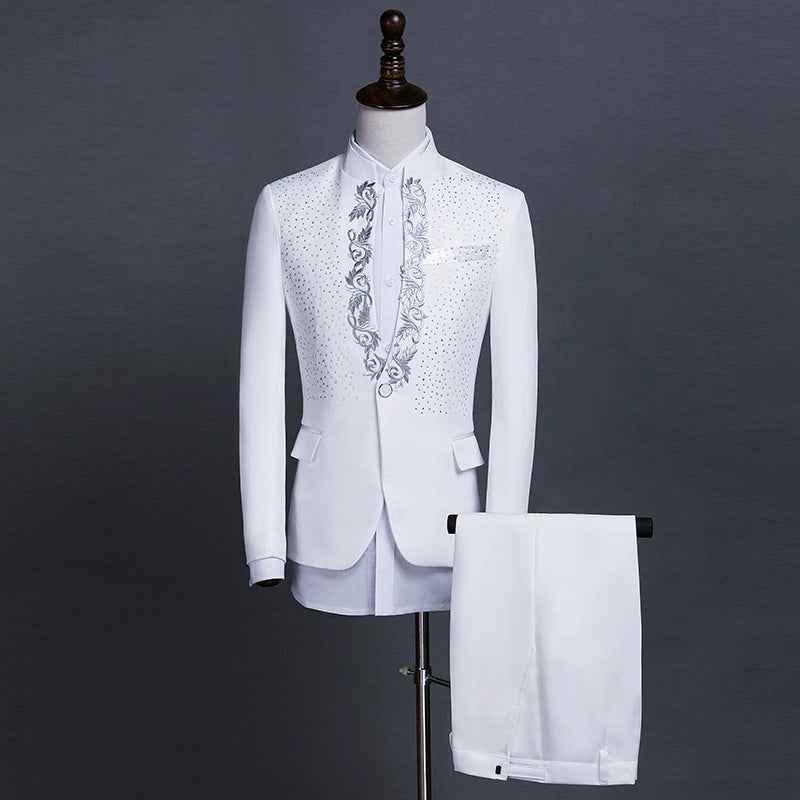 White black paillette suits set costume homme korean stage male slim men formal dress sequins clothes male singer jacket + pant - Moderndancedress.com
