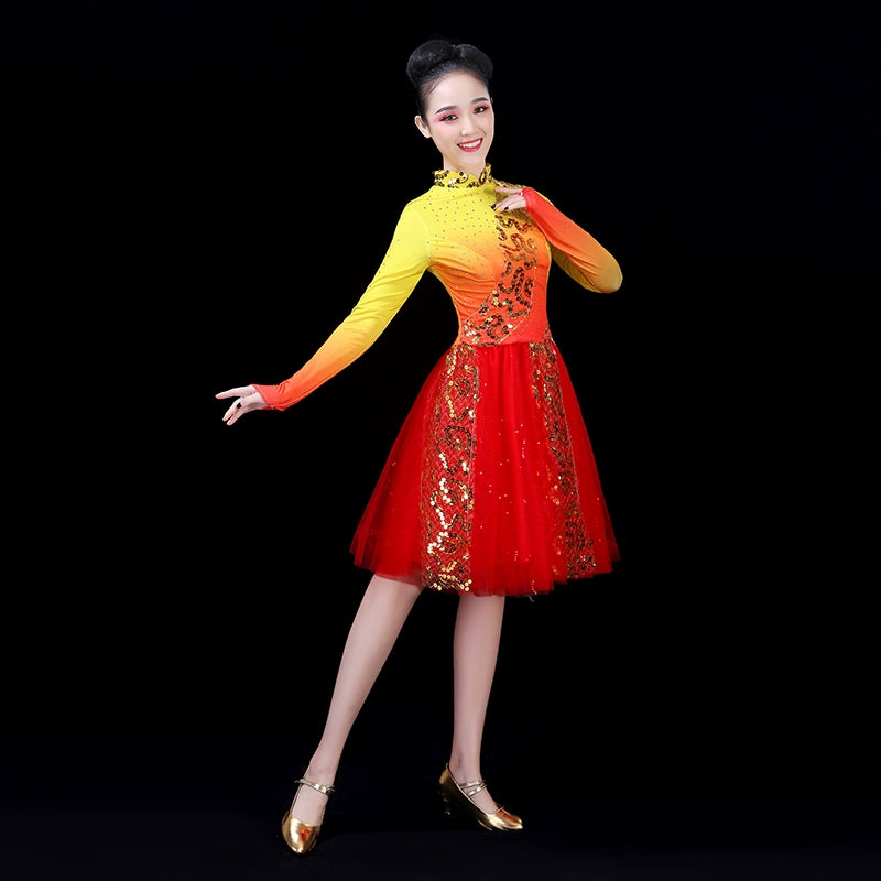 Chinese Folk Dance Costume Modern Short Skirt Suit Square Dance Costume Adult Segment Dress Allegro Chorus Costume Opening Dance Costume - Moderndancedress.com
