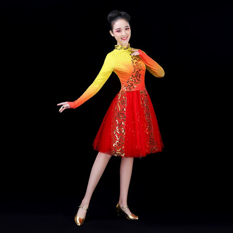 Chinese Folk Dance Costume Modern Short Skirt Suit Square Dance Costume Adult Segment Dress Allegro Chorus Costume Opening Dance Costume - Moderndancedress.com