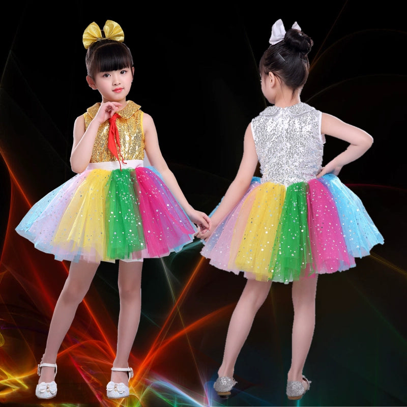 Girls Jazz Dance Costumes Performing Dresses Princess Dresses Chorus Kindergarten Sequins Performing Dresses