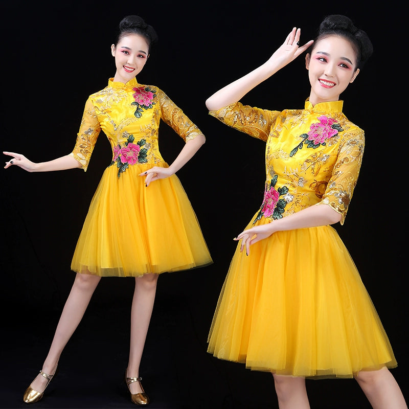 Chinese Folk Dance Costume Modern Short Skirt Show Clothes Square Dance Line Clothes Adult Allegro Show Clothes Dance Clothes