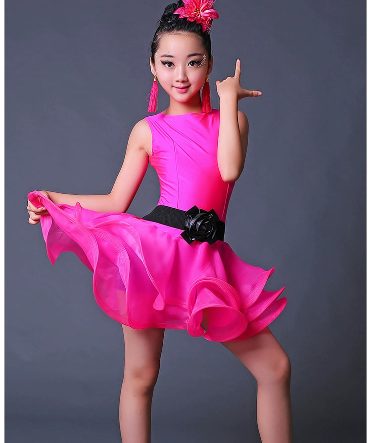 Children Competition Neon Green Pink Blue Latin Dance Dresses Ruffles Salsa Chacha  Performance Clothes for Girls - Moderndancedress.com