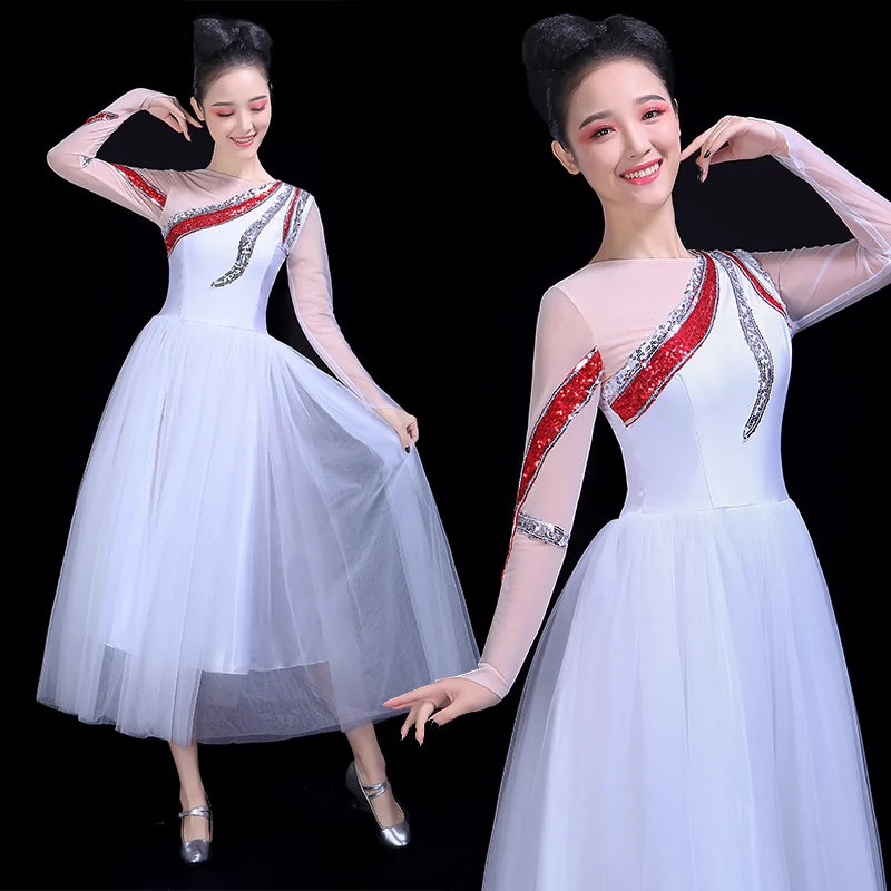 Chinese Folk Dance Costume Opening Dance Dress Female Adult Modern Dance Garment Chorus Fan Dance Performance Dress Pompon Skirt Classical Dance - Moderndancedress.com
