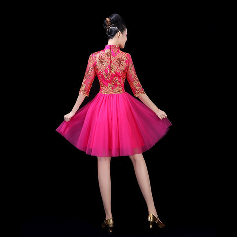 Chinese Folk Dance Costume Modern Short Skirt Square Dance Modern Dance Costume Female Adults Opening Dance Fan Dance Costume - 