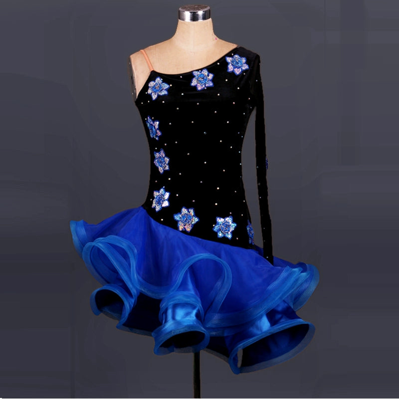 diamond-inlaid Latin dance competition dress imported velvet Latin dance dress for adult performance - Moderndancedress.com