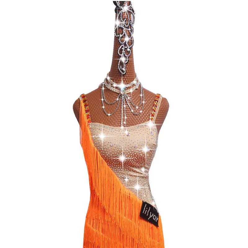 Sexy Latin Dance Dresses For Ladies Orange Cocktail Braces Dresses Young Female Women Ballroom Tutu Tassel dresses - Moderndancedress.com
