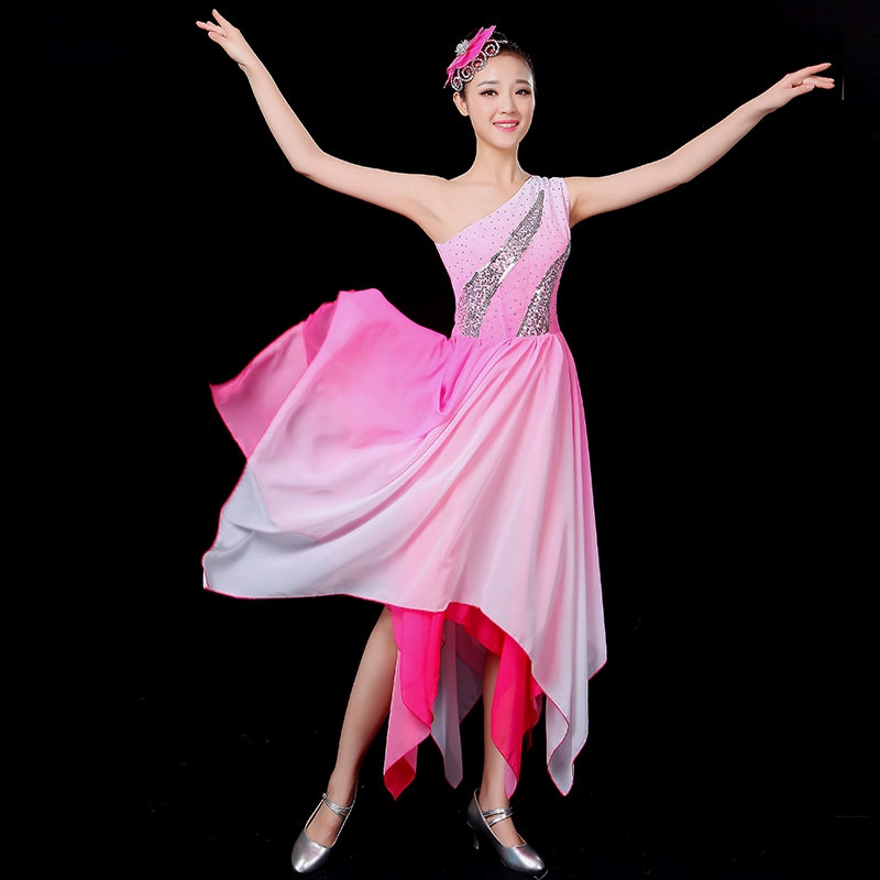 Chinese Folk Dance Costume Modern Dance Costume Fashion Square Dance Suit Chiffon Classical Dance Costume Female Adults - Moderndancedress.com