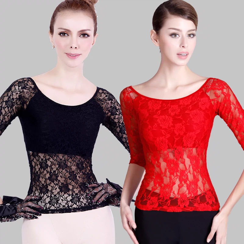 Latin dance jacket national standard long sleeve lace Dance Costume stretch lace lady Modern Dance Dress - Moderndancedress.com