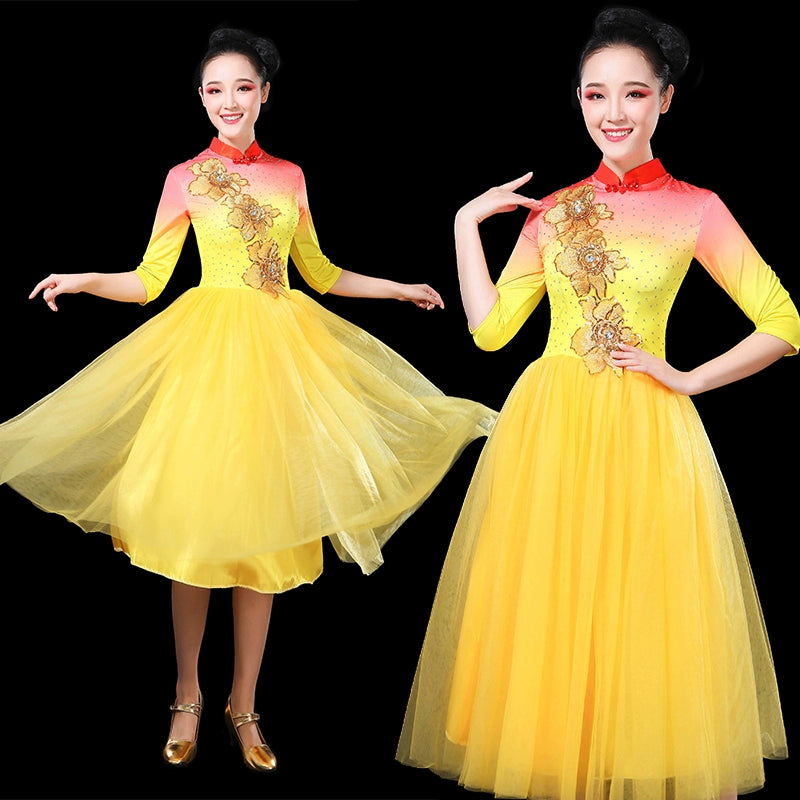 Chinese Folk Dance Costume Modern Dance Garments Adult Mid-long Opening Dance Dresses Women&amp;apos;s Chorus Dresses - Moderndancedress.com