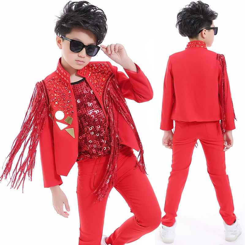 Boys Red Rhinestones Jazz Dance Costume Singer Host Drummer Performance Gogo Dancers Music Production Outfits Stage Dancewear - Moderndancedress.com