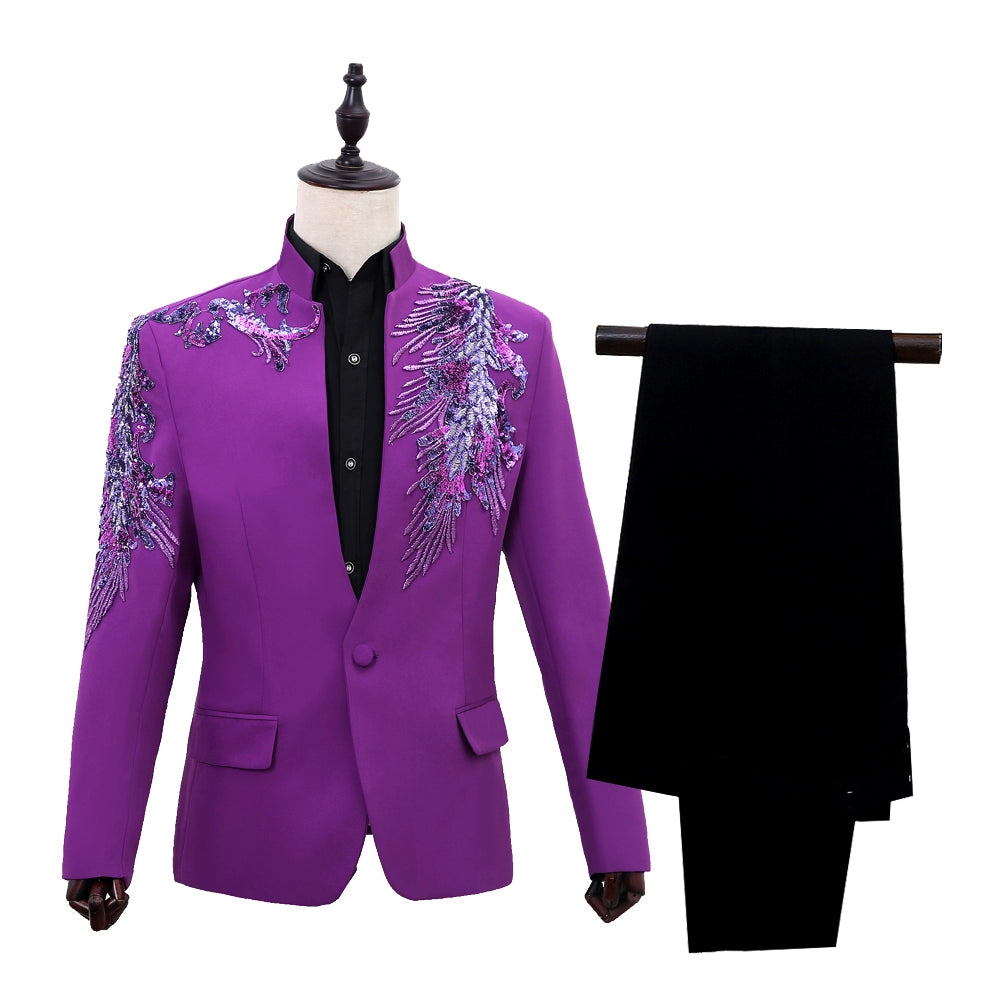 Men's collar, sequins, sequins, Western-style clothes, presenters, performance suits, long sleeves, stage singers, suits, and formal dress. - 