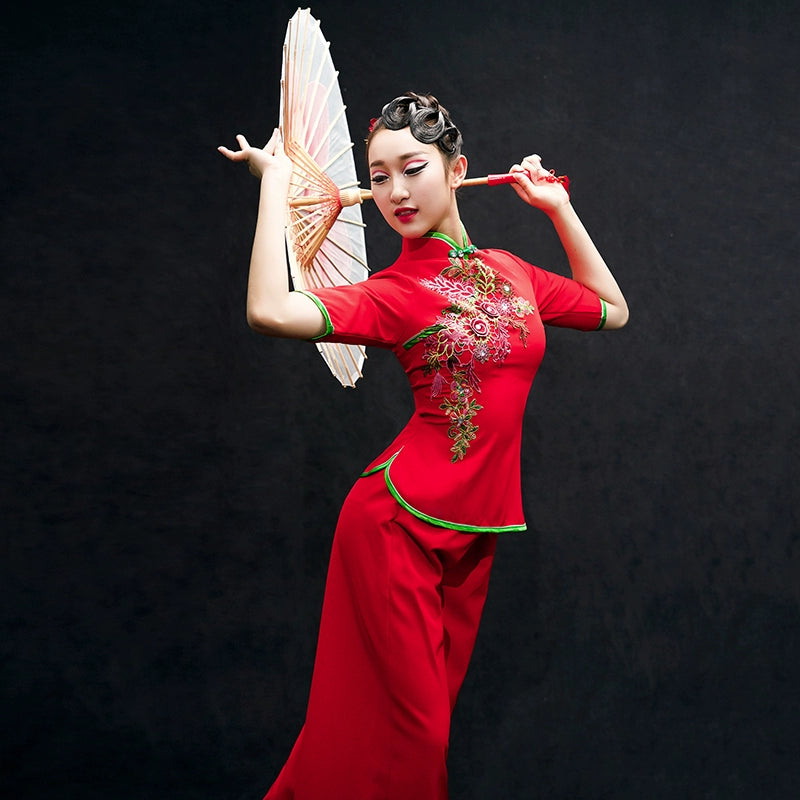 Chinese Folk Dance Costumes Yangko costume, umbrella dance, classical dance costume, female square fan suit for adults - Moderndancedress.com