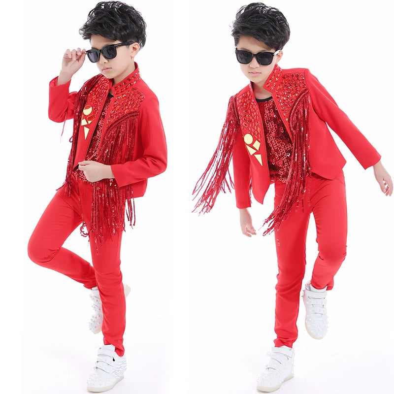 Boys Red Rhinestones Jazz Dance Costume Singer Host Drummer Performance Gogo Dancers Music Production Outfits Stage Dancewear - Moderndancedress.com