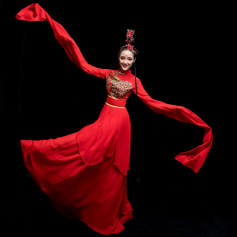 Chinese Folk Dance Costume Watersleeve Dance Clothing Modern Chinese Hanfu Classical Dance Dress Female Adults - Moderndancedress.com