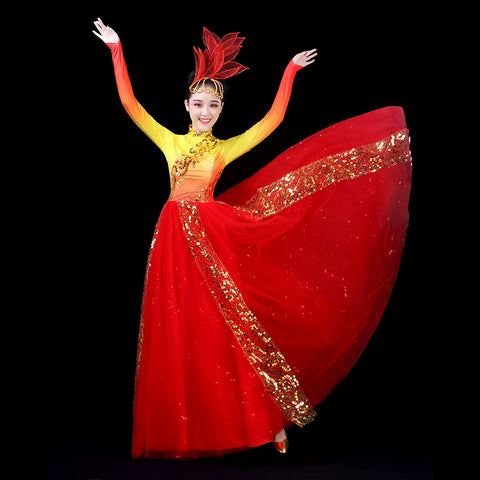 Chinese Folk Dance Costume Opening Dance Dresses Female Adult Atmospheric Annual Meeting Performing Dresses Night Dance Song Dance Performing Dresses