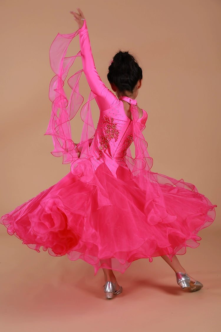 Children's Blue Pink Green Ballroom Dance Dress for Kids Girls Competition Waltz Tango Foxtrot Smooth Dance Long Gown for Kids - Moderndancedress.com