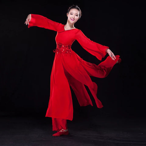 Chinese Folk Dance Costumes Classical Dance Costume, Female Practitioner Gongfu, Fairy Adult Modern Dance Costume Fan Dance - 