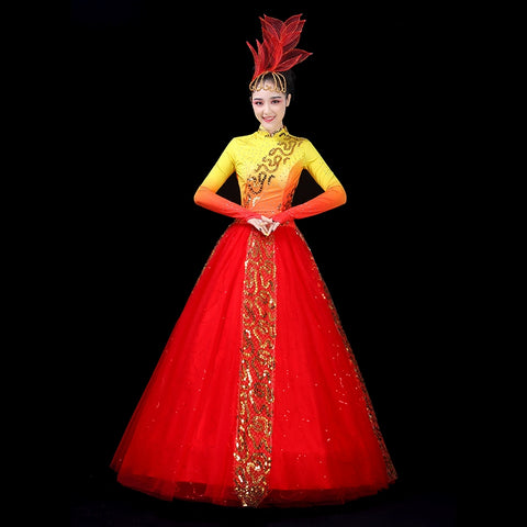 Chinese Folk Dance Costume Opening Dance Dresses Female Adult Atmospheric Annual Meeting Performing Dresses Night Dance Song Dance Performing Dresses - 