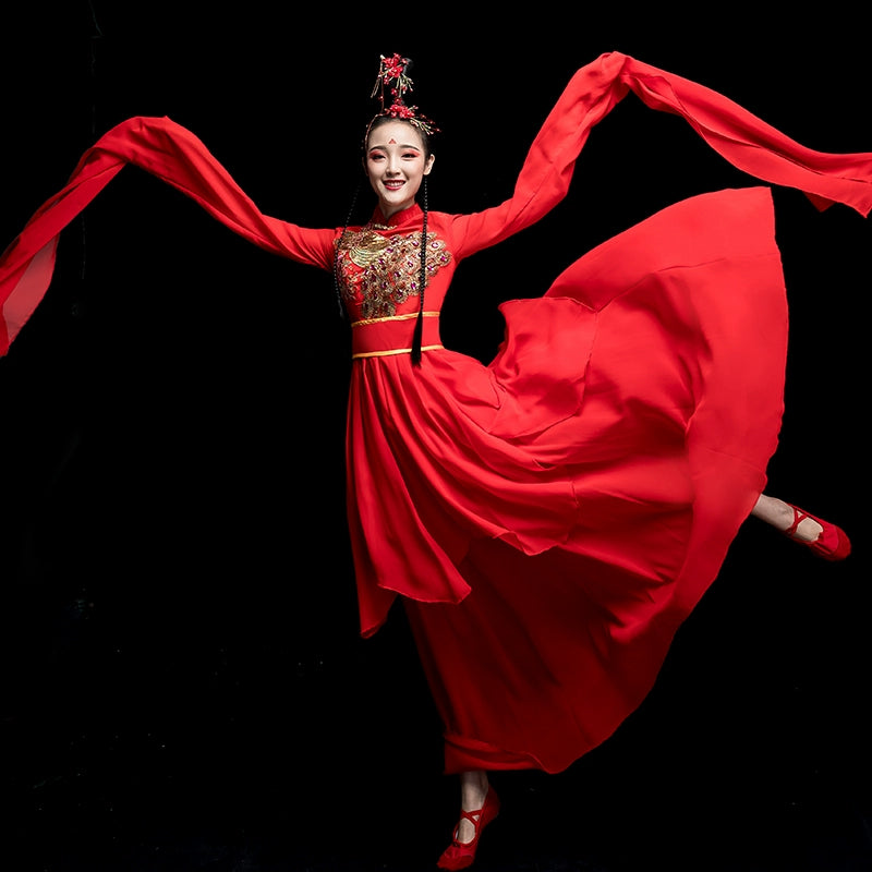 Chinese Folk Dance Costume Watersleeve Dance Clothing Modern Chinese Hanfu Classical Dance Dress Female Adults - Moderndancedress.com