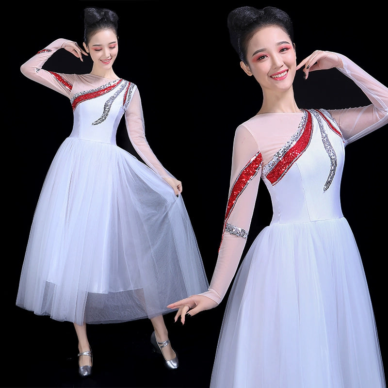 Chinese Folk Dance Costume Opening Dance Big Dress Female Adult Atmospheric Modern Dance Dress Singing and Dancing Skirt Mid-long Performance Dress - Moderndancedress.com