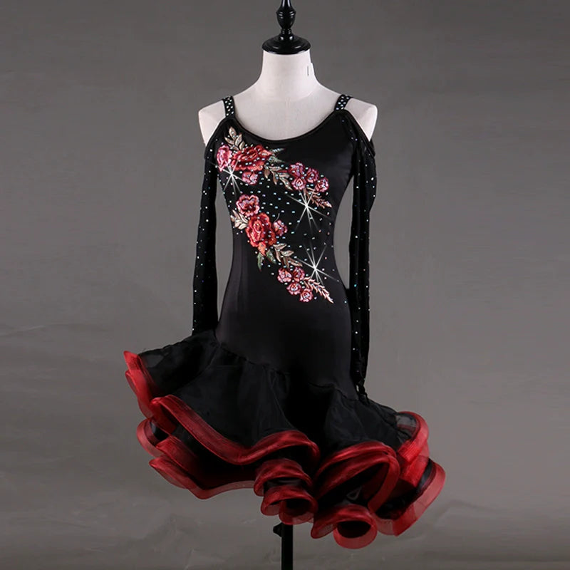 Long Sleeve Latin Dance Competition Show Shoulders Performing Dresses Adult Female Professional High-end Decorated Latin Dance Dresses - Moderndancedress.com