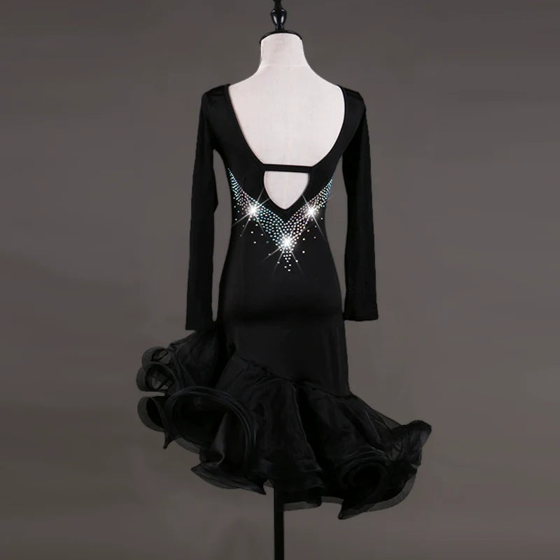 Latin Dance Dresses Women's Training / Performance Spandex / Tulle Tassel / Crystals / Rhinestones Long Sleeve High Dress - Moderndancedress.com