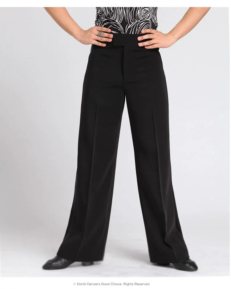 Men's black Ballroom latin Dance Pants Waltz tango Modern flamenco chacha Dance long trousers wide leg side with ribbon - Moderndancedress.com