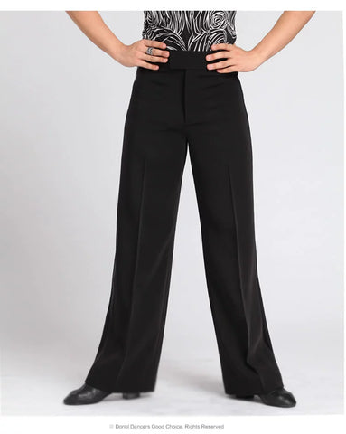 Men's black Ballroom latin Dance Pants Waltz tango Modern flamenco chacha Dance long trousers wide leg side with ribbon - Moderndancedress.com