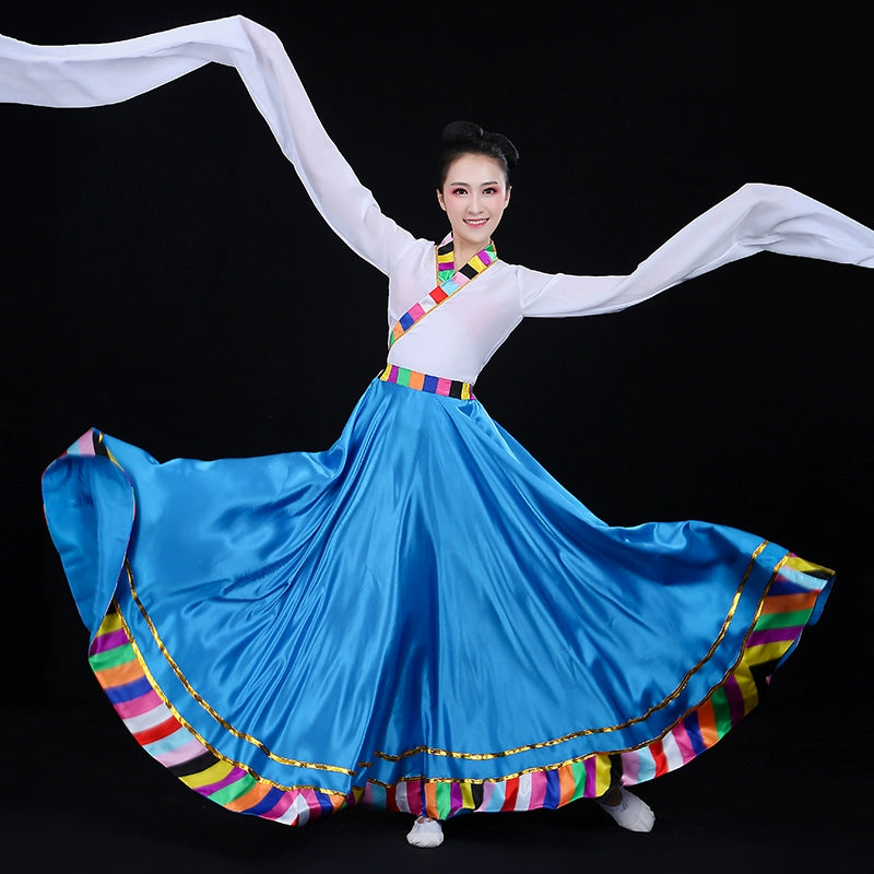 Chinese Folk Dance Costume Watersleeve Tibetan Dance Performance Dress Female Adults Tibetan Dance Practice Skirt Ethnic Style Gongfu Classical Dance - Moderndancedress.com