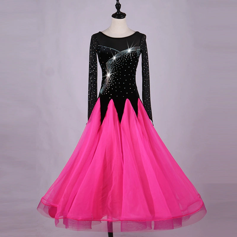 Ballroom Dance Dresses Women's Performance Chinlon Appliques / Splicing / Paillette Long Sleeve High Dress - Moderndancedress.com