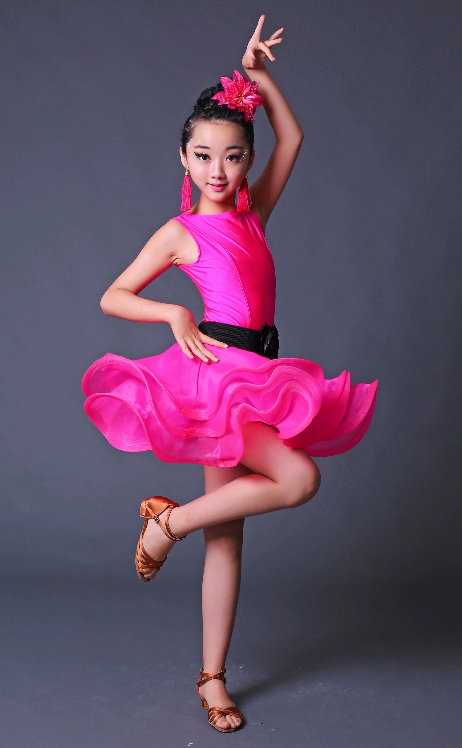 Children Competition Neon Green Pink Blue Latin Dance Dresses Ruffles Salsa Chacha  Performance Clothes for Girls - Moderndancedress.com