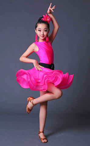 Children Competition Neon Green Pink Blue Latin Dance Dresses Ruffles Salsa Chacha  Performance Clothes for Girls - Moderndancedress.com