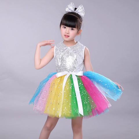 Girls Jazz Dance Costumes Performing Dresses Princess Dresses Chorus Kindergarten Sequins Performing Dresses