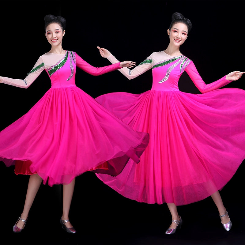Chinese Folk Dance Costume Opening Dance Dress Female Adult Modern Dance Garment Chorus Fan Dance Performance Dress Pompon Skirt Classical Dance - Moderndancedress.com