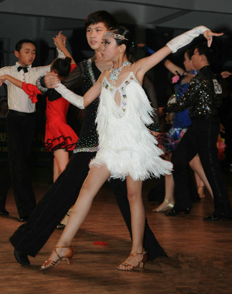 Custom size White pink green fringe Latin dance competition dresses for girls kids Latin dance competition skirts stage performance outfits - Moderndancedress.com