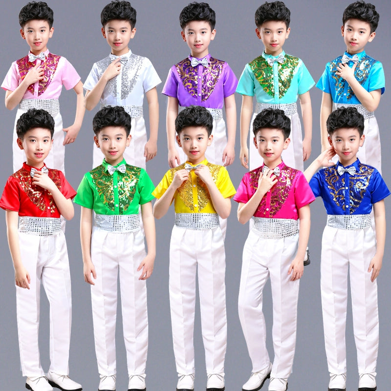 Boys Hip Hop Costume Sequin Shirts White Pants Suit Jazz Costumes Kids Stage Dancing Outfit Children Street Show Wear - Moderndancedress.com