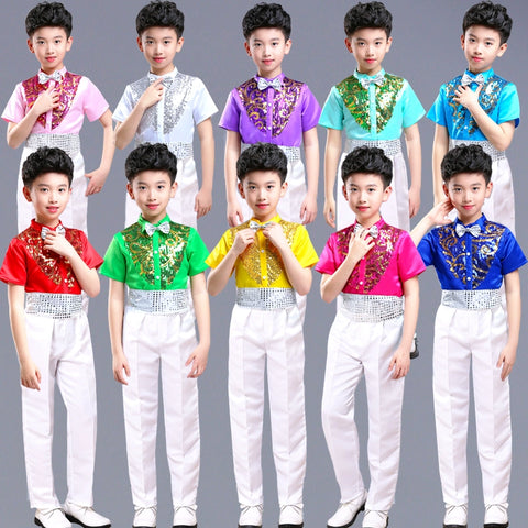 Boys Hip Hop Costume Sequin Shirts White Pants Suit Jazz Costumes Kids Stage Dancing Outfit Children Street Show Wear - Moderndancedress.com
