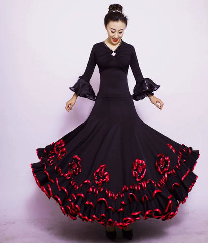 Ballroom Dancing Skirt Red Black Women Waltz Tango Flamenco Dance Dress Lady's Cheap Ballroom Competition Dresses - Moderndancedress.com