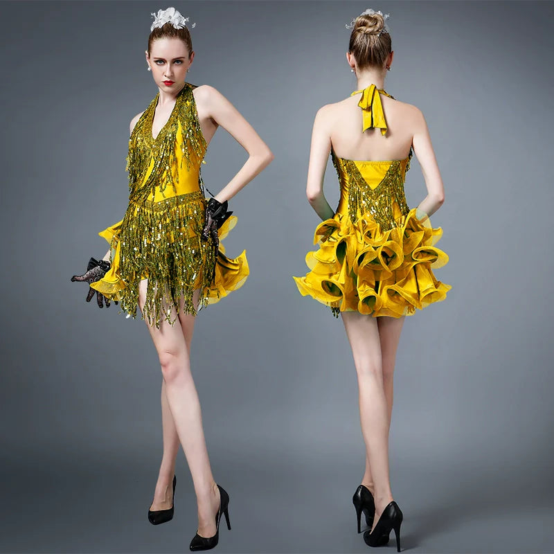 Royal blue green yellow sequin tassels competition latin dance dress for Adult Latin Dance Skirt High Quality Sequins Competition Dress - Moderndancedress.com