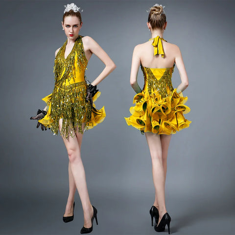 Royal blue green yellow sequin tassels competition latin dance dress for Adult Latin Dance Skirt High Quality Sequins Competition Dress - Moderndancedress.com