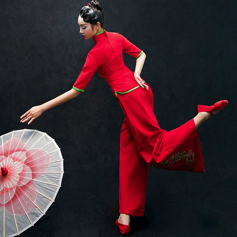 Chinese Folk Dance Costumes Yangko costume, umbrella dance, classical dance costume, female square fan suit for adults - Moderndancedress.com