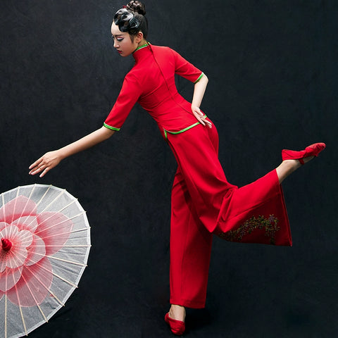 Chinese Folk Dance Costumes Yangko costume, umbrella dance, classical dance costume, female square fan suit for adults - 