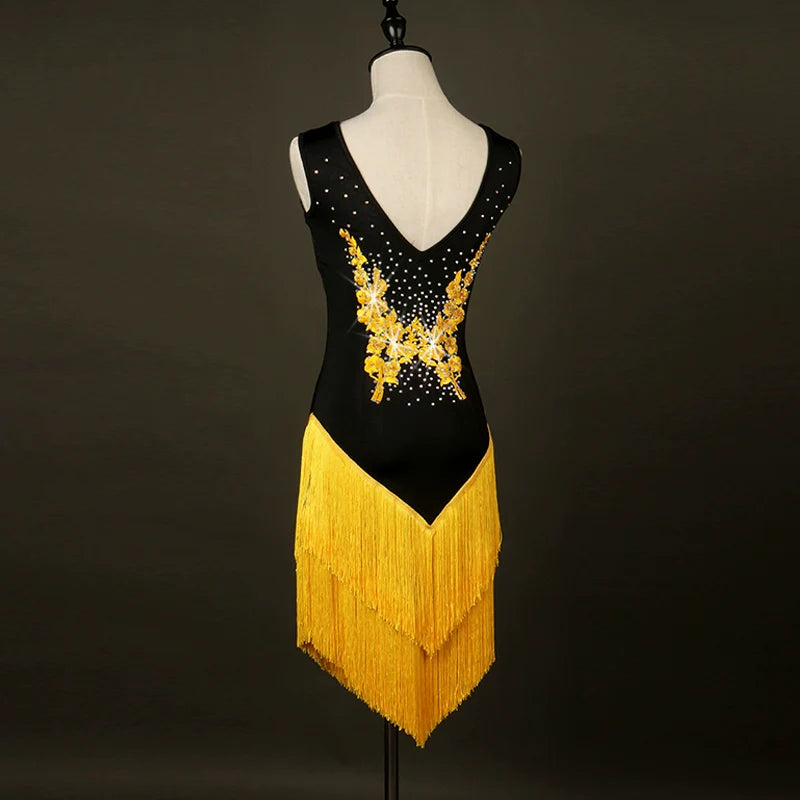 Latin dance fringe skirt professional competition drilled Latin Dance Costume applique Latin Dance Dress - Moderndancedress.com