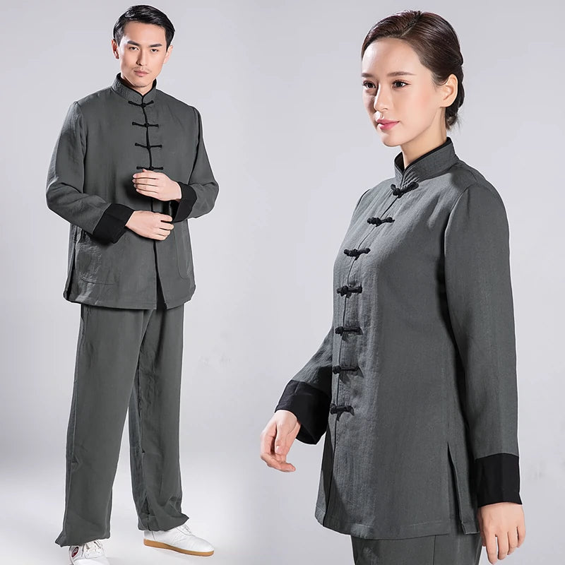 Tai Chi clothing men's linen morning practice layman suit Chinese style long sleeve exercise clothes women suit - 