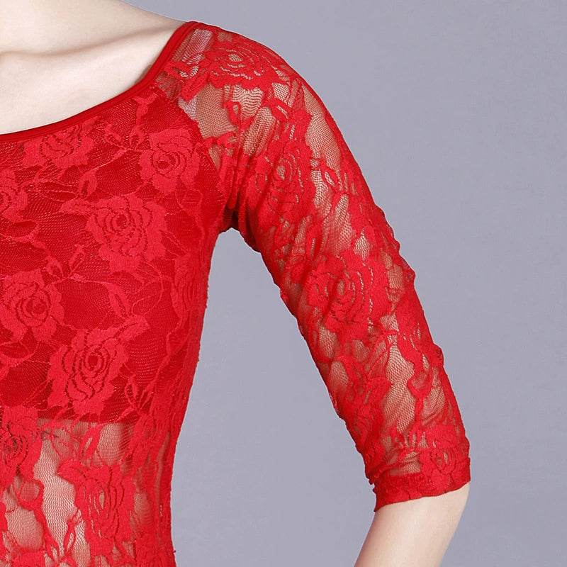 Latin dance jacket national standard long sleeve lace Dance Costume stretch lace lady Modern Dance Dress - Moderndancedress.com