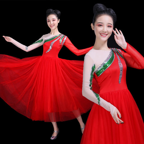 Chinese Folk Dance Costume Opening Dance Dress Female Adult Modern Dance Garment Chorus Fan Dance Performance Dress Pompon Skirt Classical Dance - Moderndancedress.com