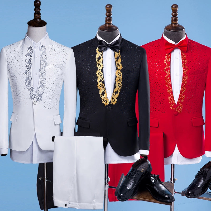 White black paillette suits set costume homme korean stage male slim men formal dress sequins clothes male singer jacket + pant - Moderndancedress.com
